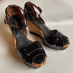 Wicker Wedge Black Patent Leather Platforms